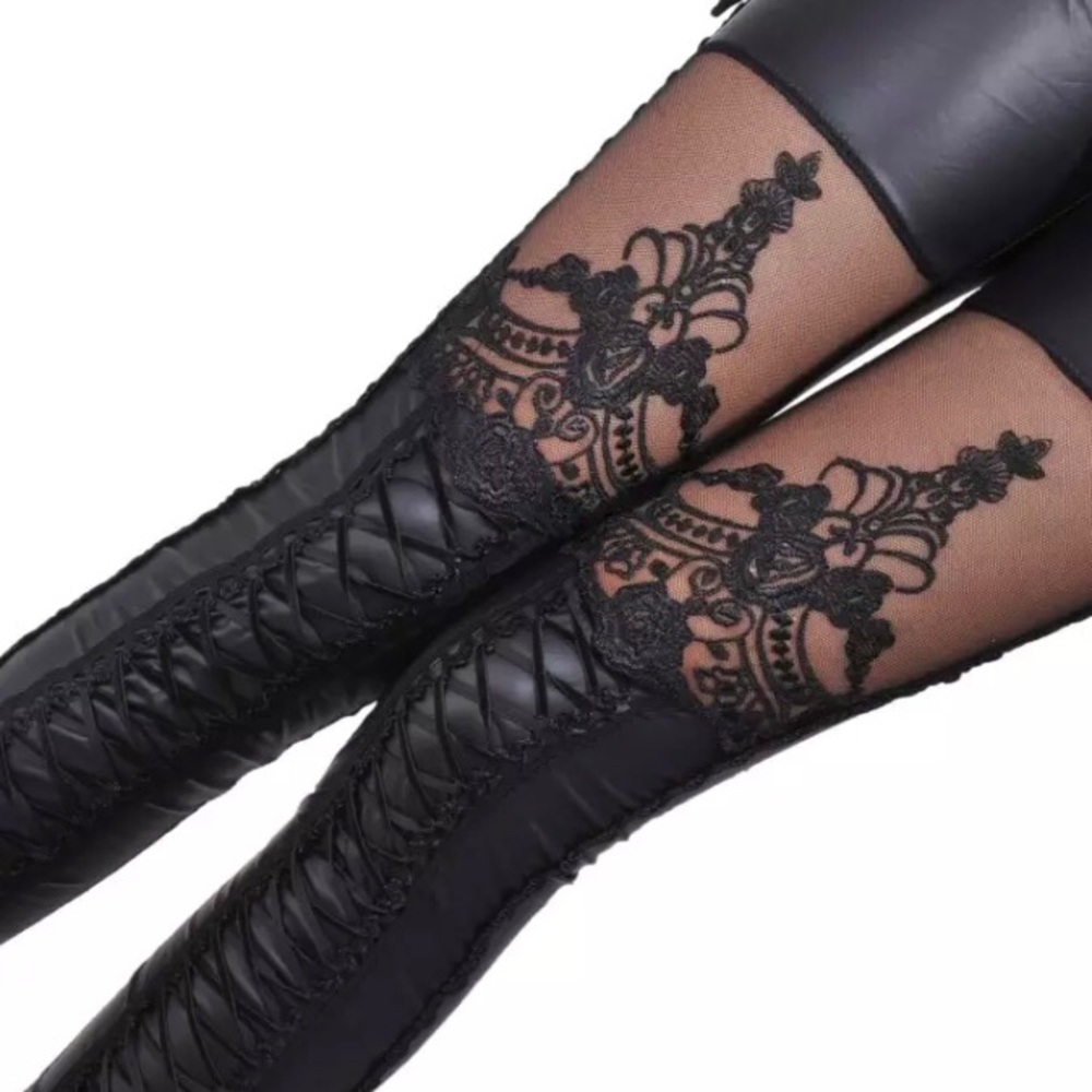 Sexy Stitching Lace Stretch Vegan Leather Leggings